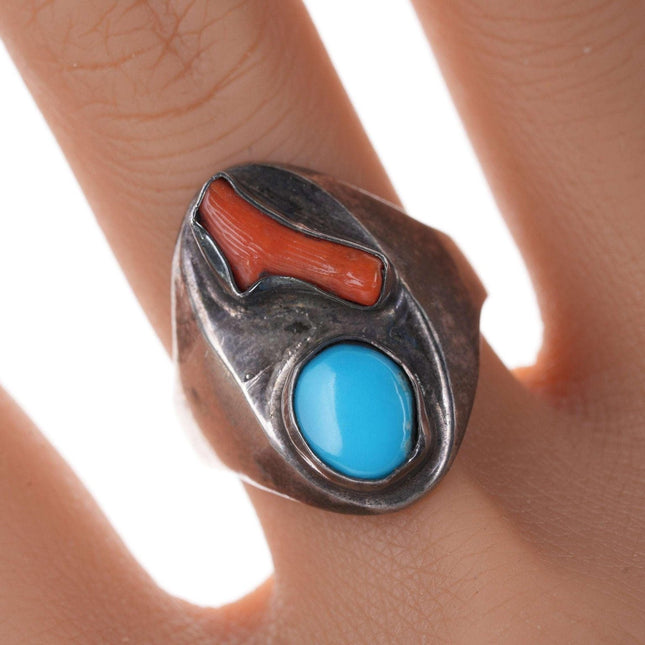 sz10 50's-60's Vintage Navajo sterling turquoise and coral ring - Estate Fresh Austin