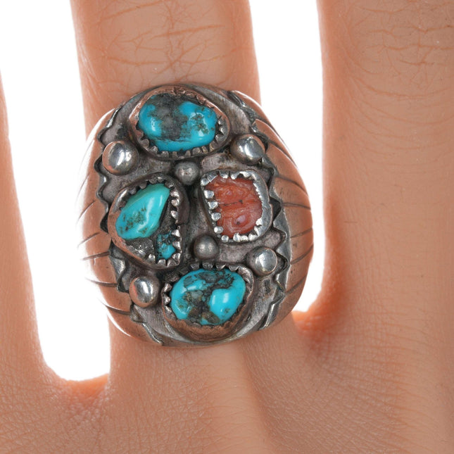 sz10.75 Navajo sterling, turquoise and coral ring - Estate Fresh Austin