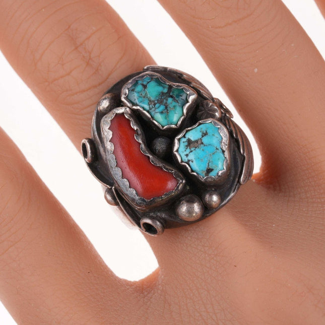 sz11 Vintage Navajo Sterling turquoise and coral ring - Estate Fresh Austin