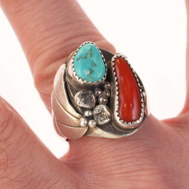 Sz11.5 Vintage Native American Sterling/turquoise and coral men's ring - Estate Fresh Austin