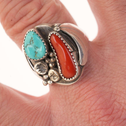 Sz11.5 Vintage Native American Sterling/turquoise and coral men's ring - Estate Fresh Austin