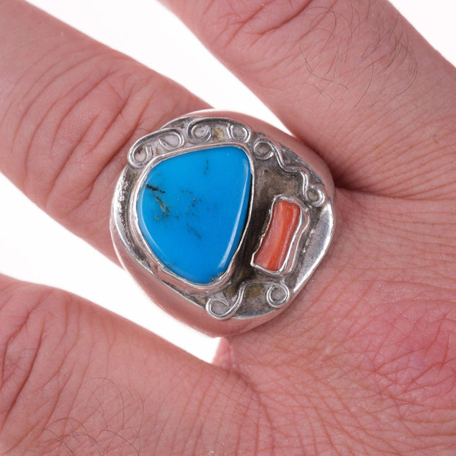 Sz12.5 Vintage Native American Sterling, turquoise, and coral ring - Estate Fresh Austin
