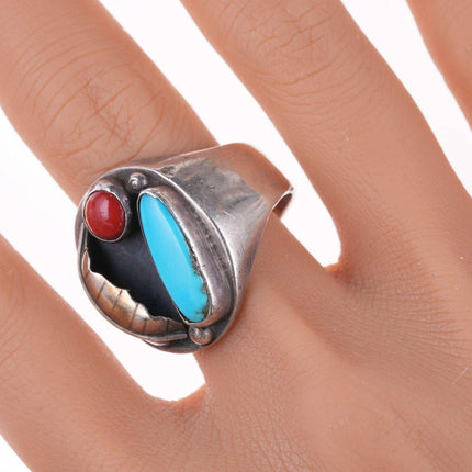 sz12.5 Vintage Navajo Sterling - Turquoise and coral ring - Estate Fresh Austin