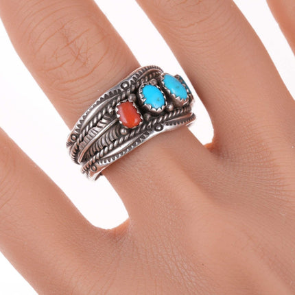 sz14 Dine Begaye Navajo Sterling turquoise and coral ring - Estate Fresh Austin