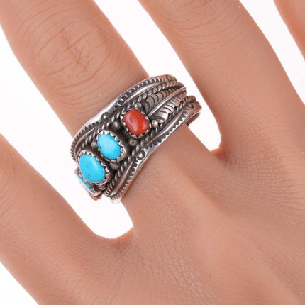 sz14 Dine Begaye Navajo Sterling turquoise and coral ring - Estate Fresh Austin