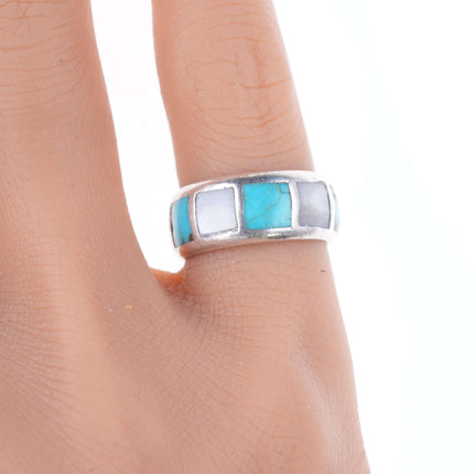 sz4.5 Vintage Zuni Sterling, turquoise, and shell channel inlay ring - Estate Fresh Austin