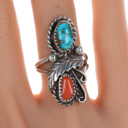 sz6 Navajo Sterling, turquoise and coral ring - Estate Fresh Austin