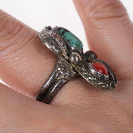 sz6 Vintage Native American sterling/turquoise and coral ring - Estate Fresh Austin