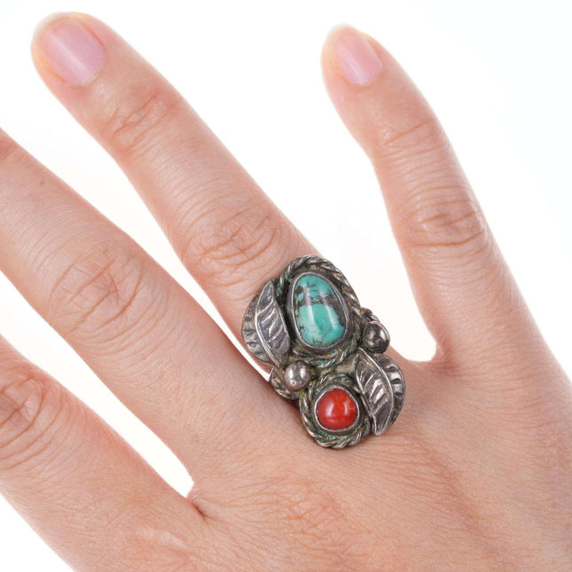 sz6 Vintage Native American sterling/turquoise and coral ring - Estate Fresh Austin
