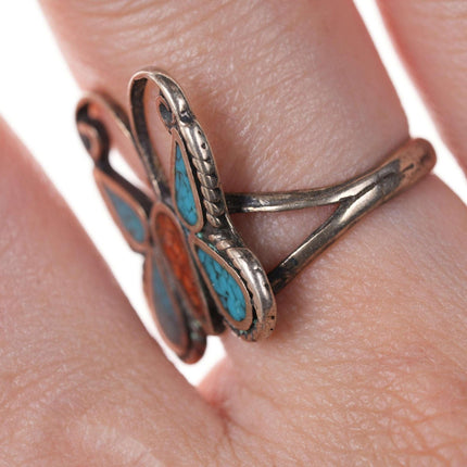 sz6.75 Vintage Native American Silver/turquoise/coral chip inlay ring - Estate Fresh Austin