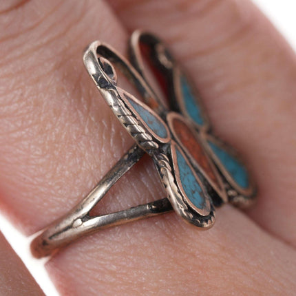 sz6.75 Vintage Native American Silver/turquoise/coral chip inlay ring - Estate Fresh Austin
