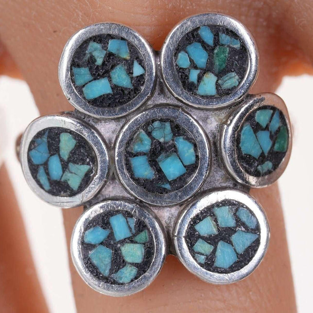 sz8 Vintage Native American Sterling Turquoise chip inlay ring - Estate Fresh Austin