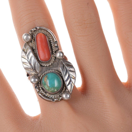 sz8 Vintage Navajo Silver - Turquoise and coral ring - Estate Fresh Austin
