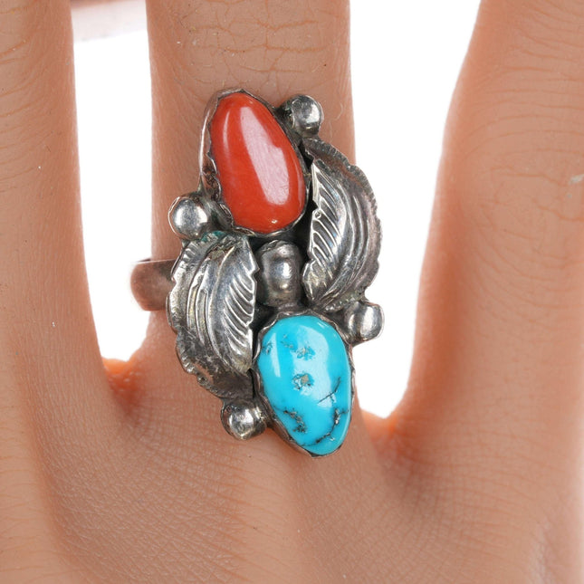 sz8.25 Carmelita and Dan Simplicio Sterling turquoise and coral ring - Estate Fresh Austin