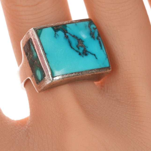 sz8.25 Vintage Native American Sterling and turquoise ring with inlaid sides - Estate Fresh Austin