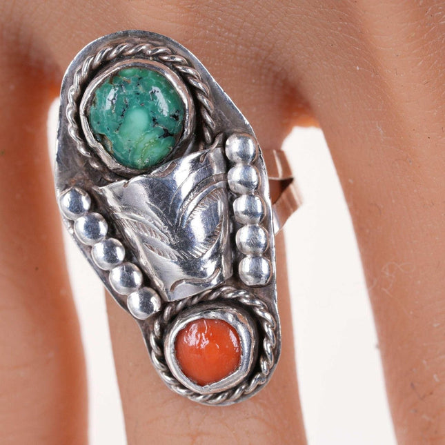 sz8.5 Vintage Navajo Sterling, Coral, and turquoise ring - Estate Fresh Austin