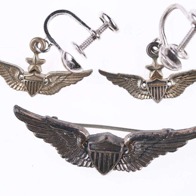 Vietnam War Era Sterling pilot wings sweetheart pin and screw back earrings - Estate Fresh Austin