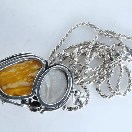 Vintage Amber and Mother of pearl Sterling Pendant/necklace - Estate Fresh Austin