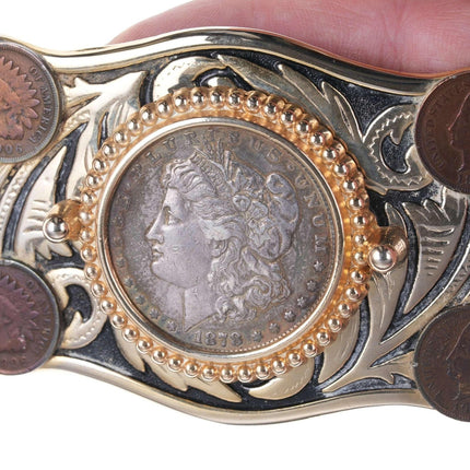 Vintage Belt buckle with 1878 Morgan silver dollar and 1906 Indian Head pennies - Estate Fresh Austin