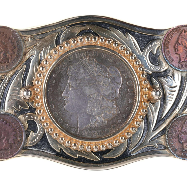 Vintage Belt buckle with 1878 Morgan silver dollar and 1906 Indian Head pennies - Estate Fresh Austin