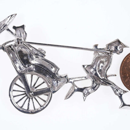 Vintage German 935 Silver Marcasite Chinoisiere Rickshaw brooch with rotating wh - Estate Fresh Austin