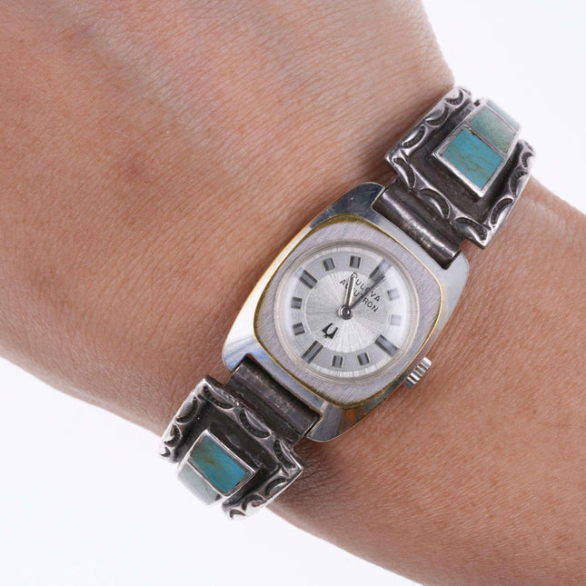 Vintage Ladies Sterling/Turquoise Native American watch bracelet with Bulova Acc - Estate Fresh Austin