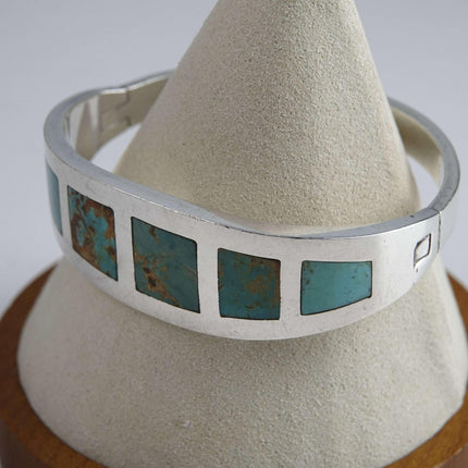Vintage Mexican Silver Hinged Turquoise Inlaid Bracelet - Estate Fresh Austin