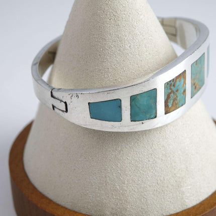 Vintage Mexican Silver Hinged Turquoise Inlaid Bracelet - Estate Fresh Austin