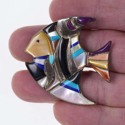 Vintage Native American Sterling Multi-stone channel inlay fish pendant/pin ee - Estate Fresh Austin