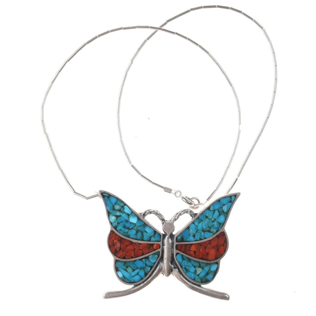 Vintage Native American Sterling turquoise/coral chip inlay butterfly necklace - Estate Fresh Austin