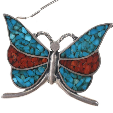 Vintage Native American Sterling turquoise/coral chip inlay butterfly necklace - Estate Fresh Austin