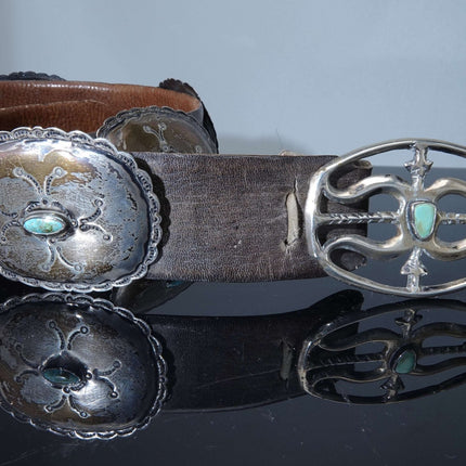 Vintage Navajo Sterling and Turquoise Sandcast Concho Belt - Estate Fresh Austin