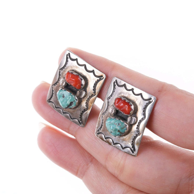 Vintage Navajo Sterling coral and turquoise cufflinks - Estate Fresh Austin
