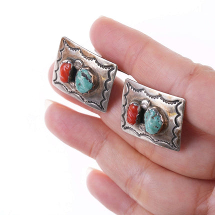 Vintage Navajo Sterling coral and turquoise cufflinks - Estate Fresh Austin