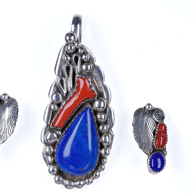 Vintage Navajo Sterling Coral/Lapis Pendant and clip on earrings - Estate Fresh Austin
