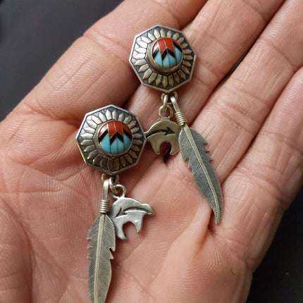 Vintage Navajo Sterling QT Sterling Quoc Turquoise New Mexico Earrings inlaid fe - Estate Fresh Austin