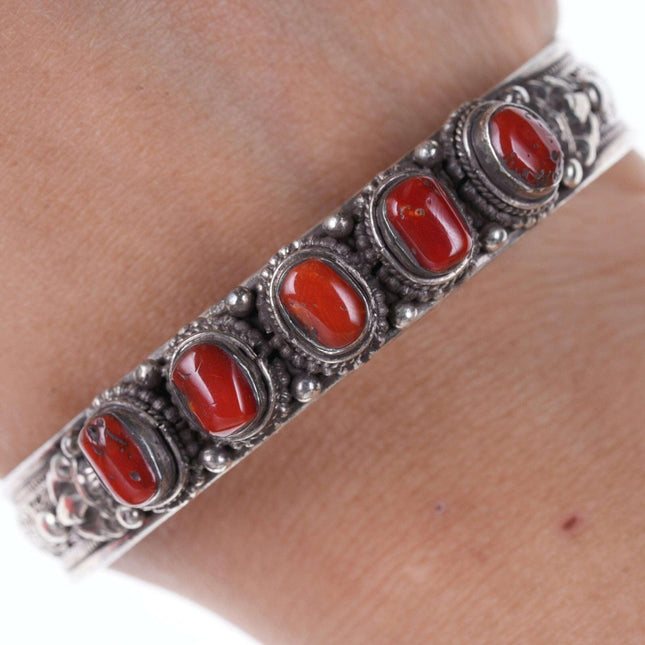 Vintage Tibetan Sterling silver coral cuff bracelet - Estate Fresh Austin