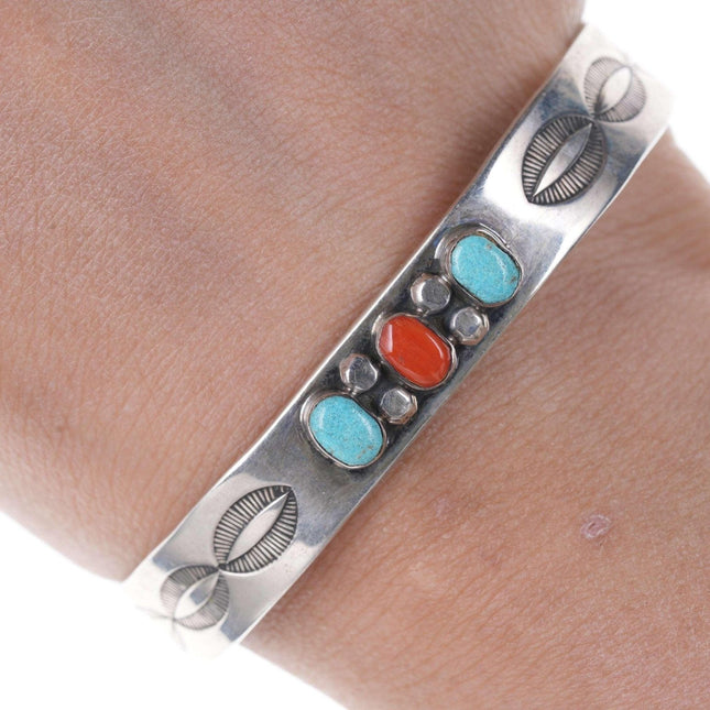 Vintage W Long Navajo Silver turquoise and coral bracelet - Estate Fresh Austin