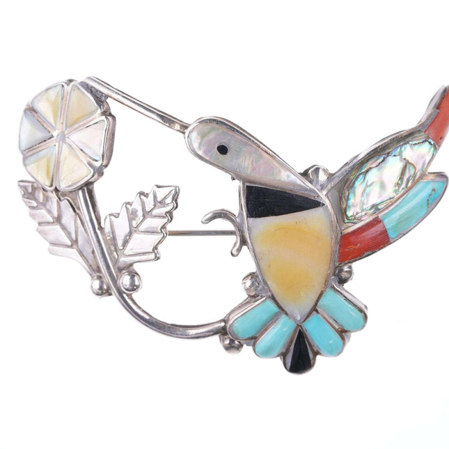 Vintage Zuni Sterling Hummingbird shell, Coral, and turquoise pendant/pin - Estate Fresh Austin