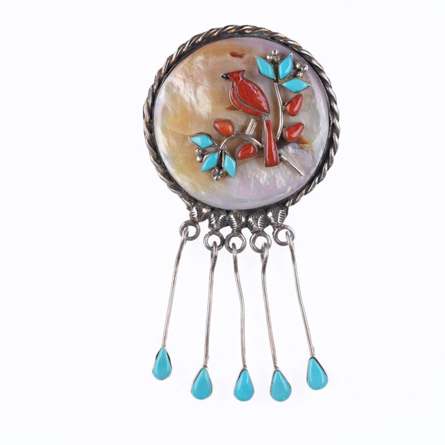 Vintage Zuni Sterling Red Bird Coral and turquoise pendant/pin - Estate Fresh Austin